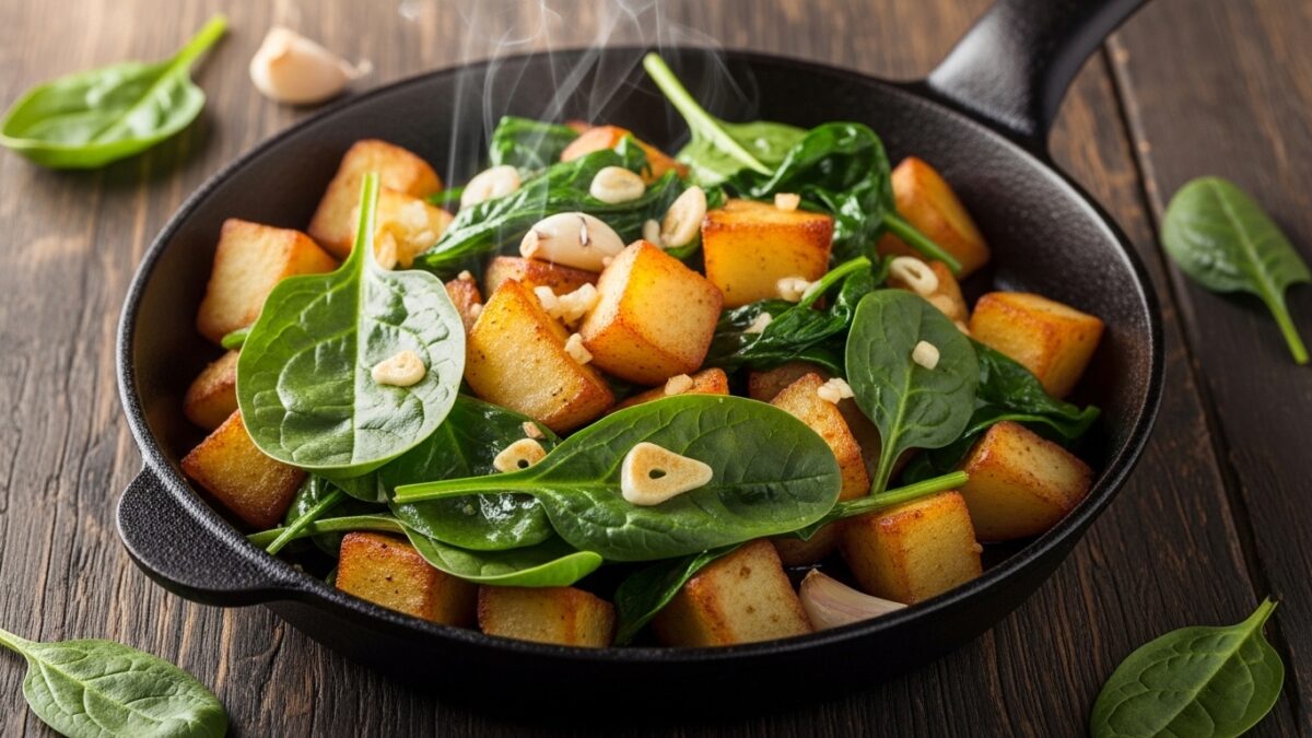 Kartoffel-Spinat-Pfanne mit Knoblauch