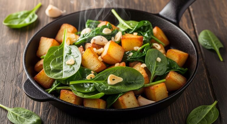 Kartoffel-Spinat-Pfanne mit Knoblauch