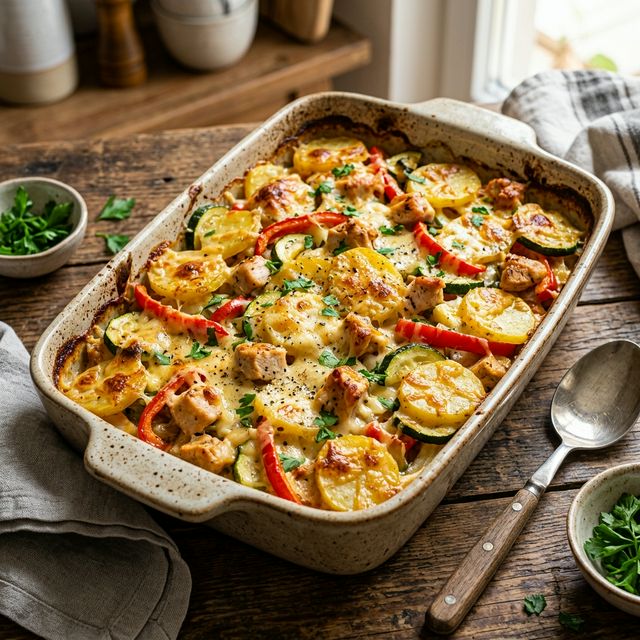 Kartoffelauflauf mit Hähnchen und Gemüse