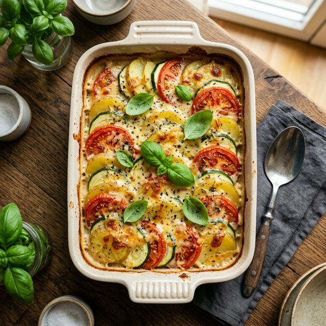 Kartoffelauflauf mit Zucchini und Tomaten