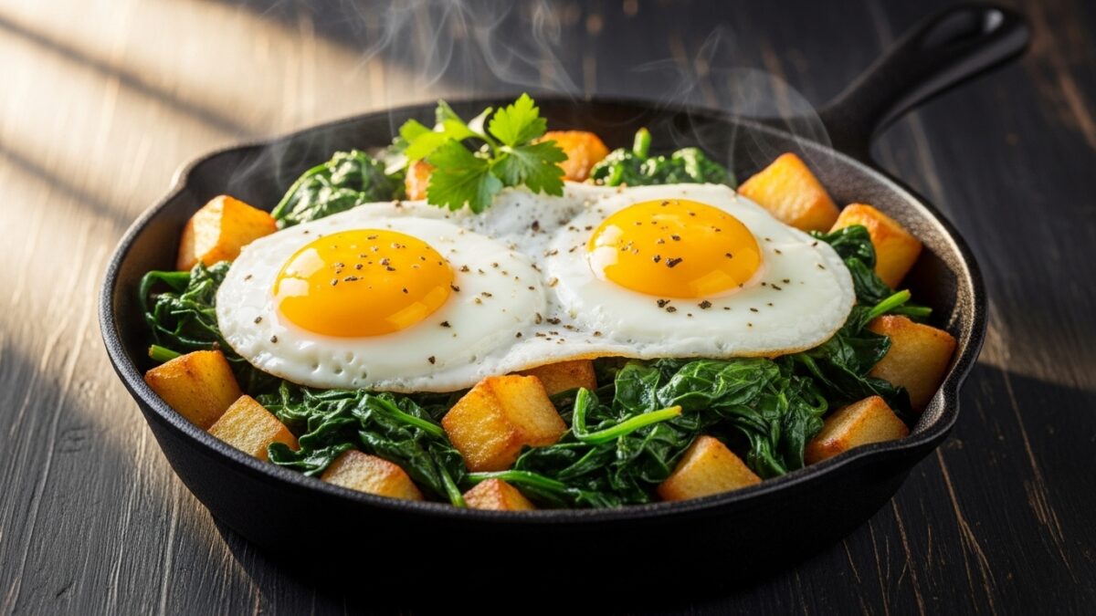 Kartoffelpfanne mit Ei und Spinat