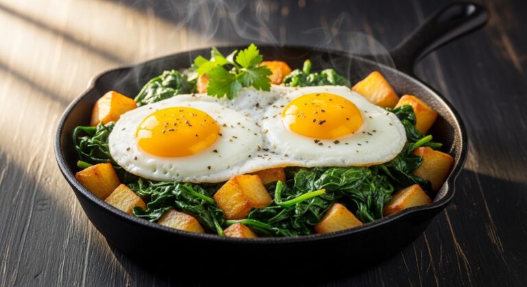 Kartoffelpfanne mit Ei und Spinat