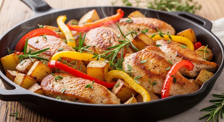 Kartoffelpfanne mit Paprika und Hähnchen