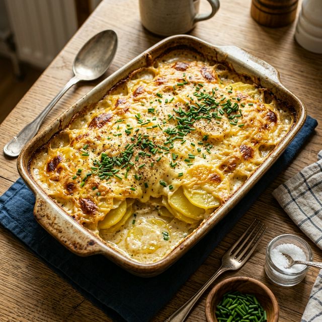 Klassischer Kartoffelauflauf mit Sahne und Käse