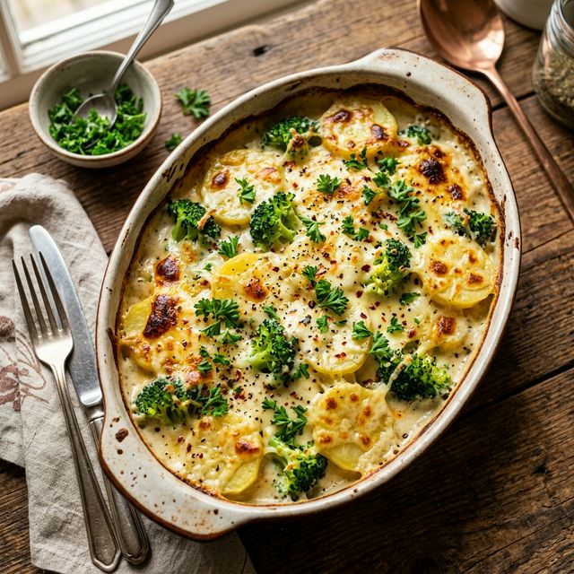 Vegetarischer Kartoffelauflauf mit Brokkoli